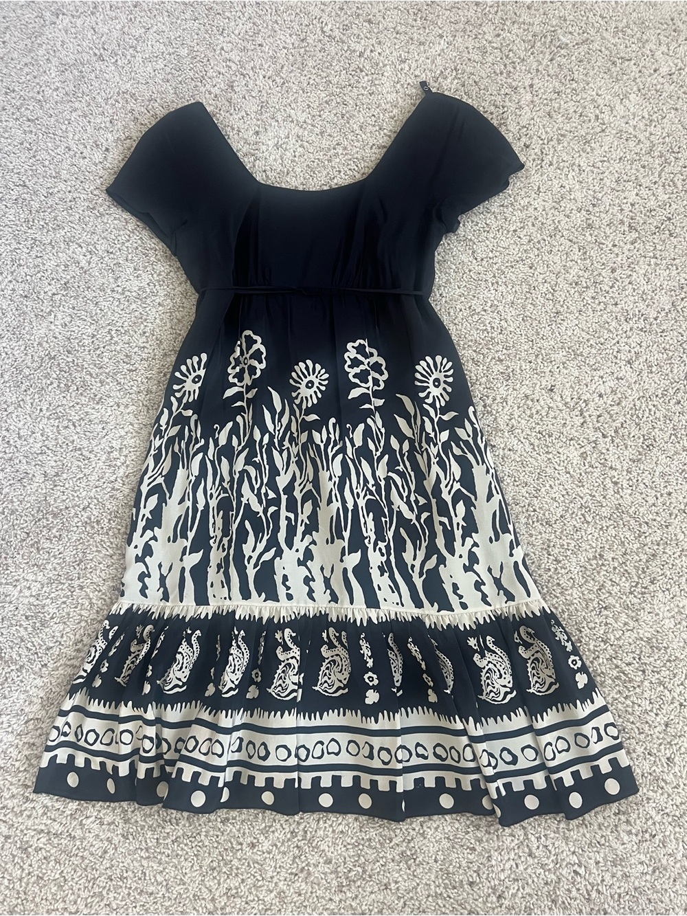 Anna Sui for Anthropology Black and White Floral Midi Silk Dress